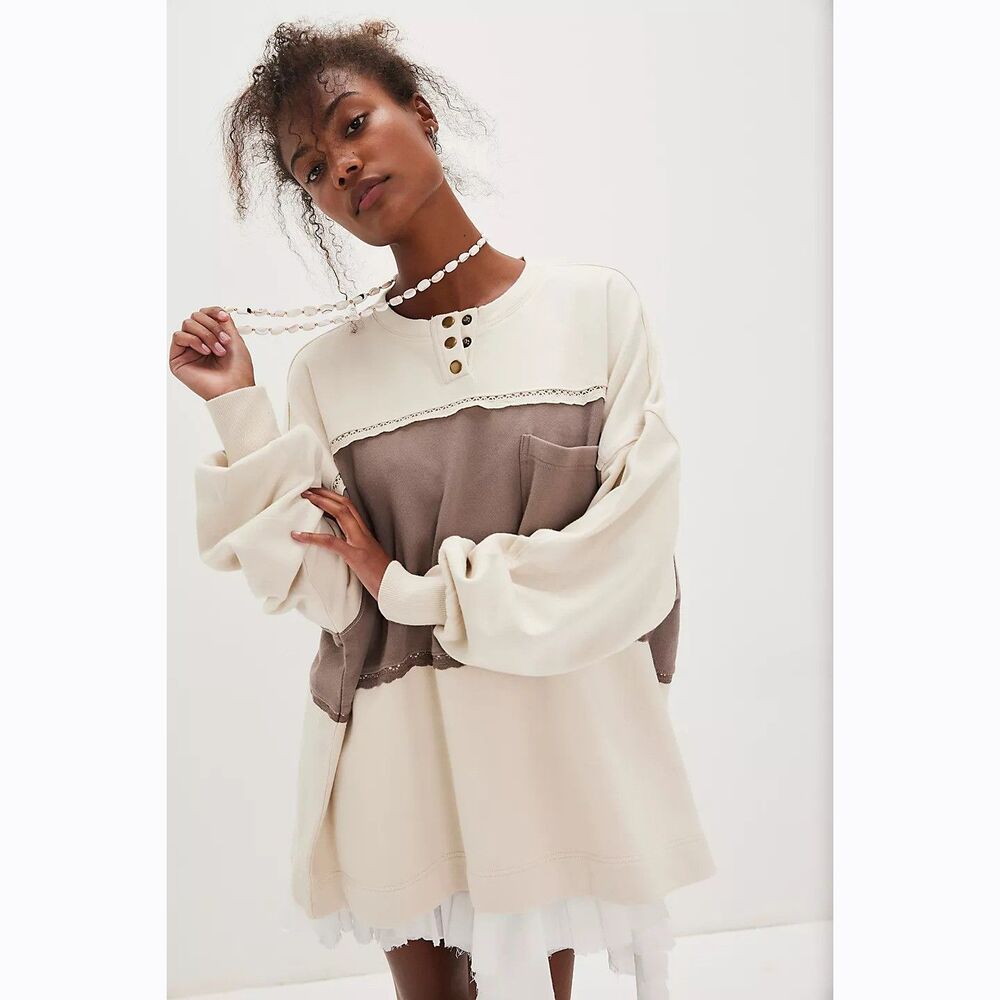 Free People Strawberry Sweatshirt Top Pullover Colorblocked Ribbed L 284247